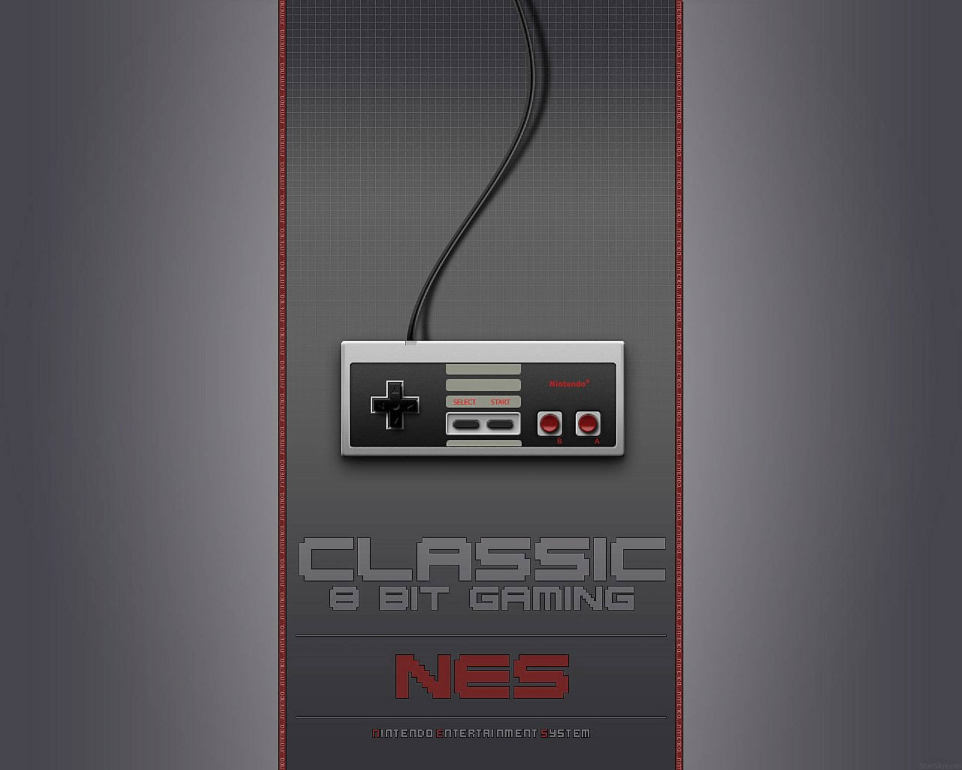 經典 NES 控制器海報 壁紙 — 一個經典的 NES 手掣掛在深灰色網格背景上，下方有 'Classic 8 Bit Gaming' 文字。