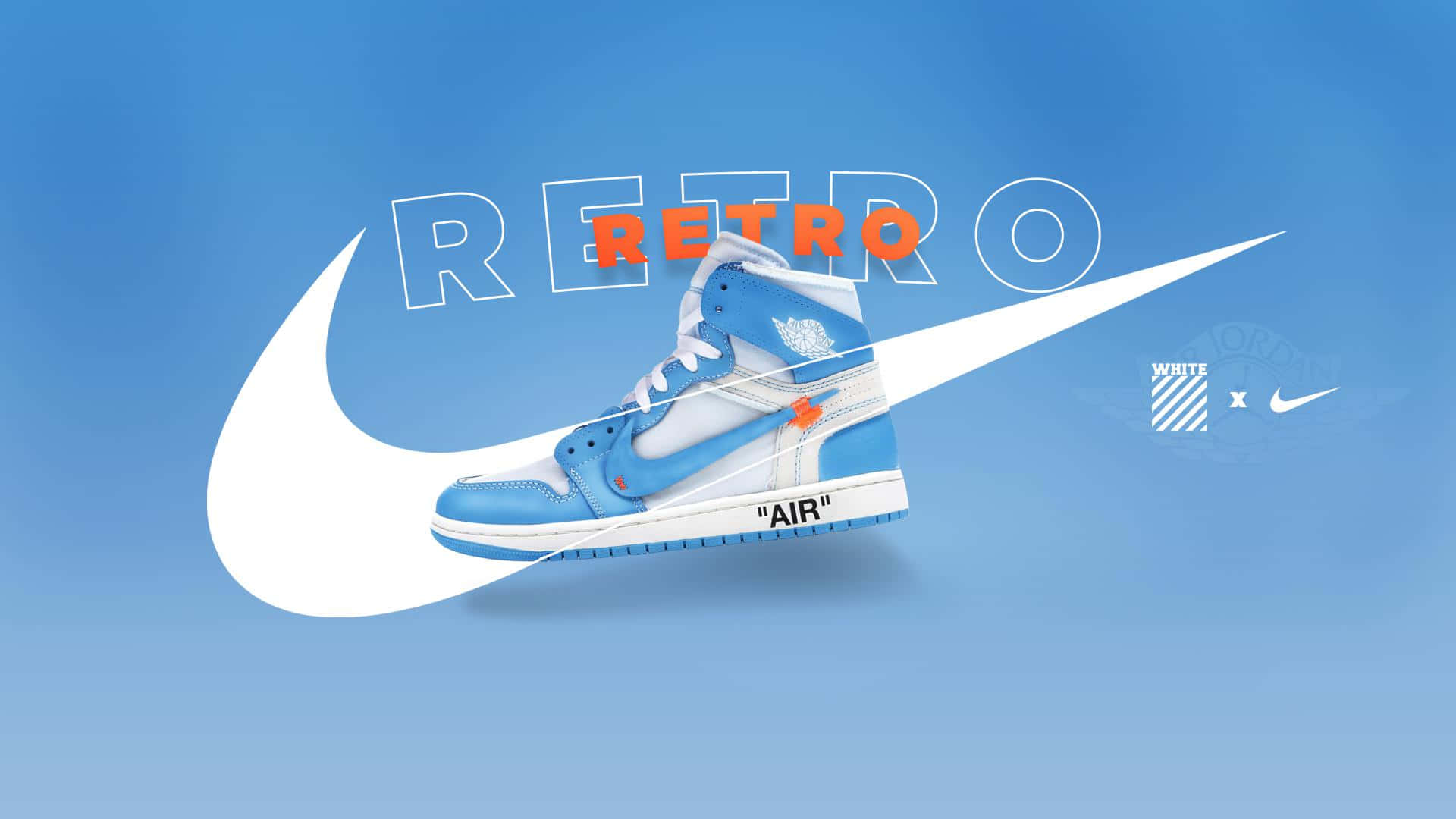 經典 Nike Air Jordan 鞋款 壁紙 — 一雙淺藍色和白色的高筒運動鞋漂浮在漸變藍色背景上，帶有大型白色Nike勾勾和橙色與白色的RETRO字樣。