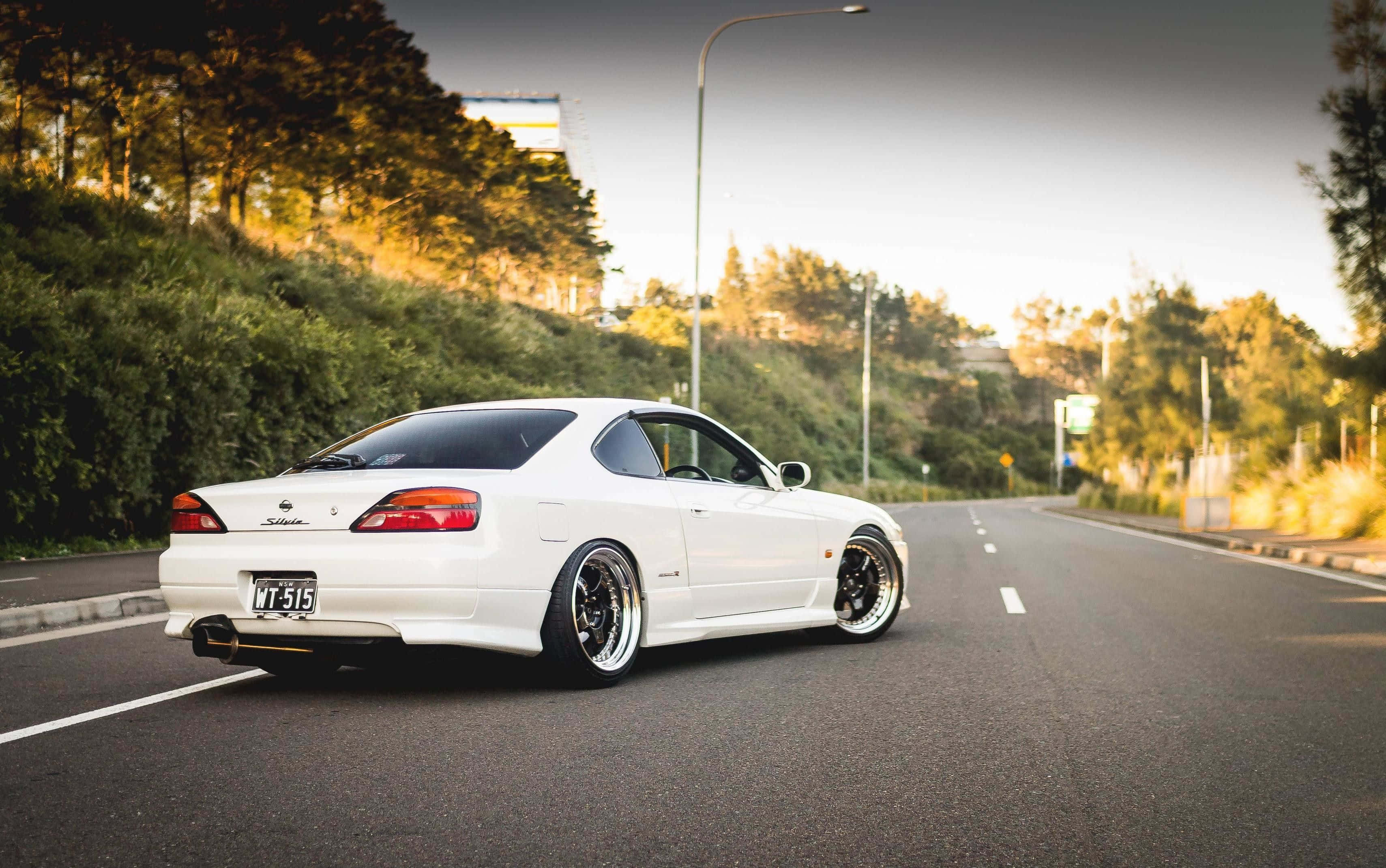 經典 Nissan Silvia S15 壁紙 — 一架時尚的白色日產Silvia S15跑車配備訂製輪圈，在黃金時段沿著綠樹成蔭的道路行駛。