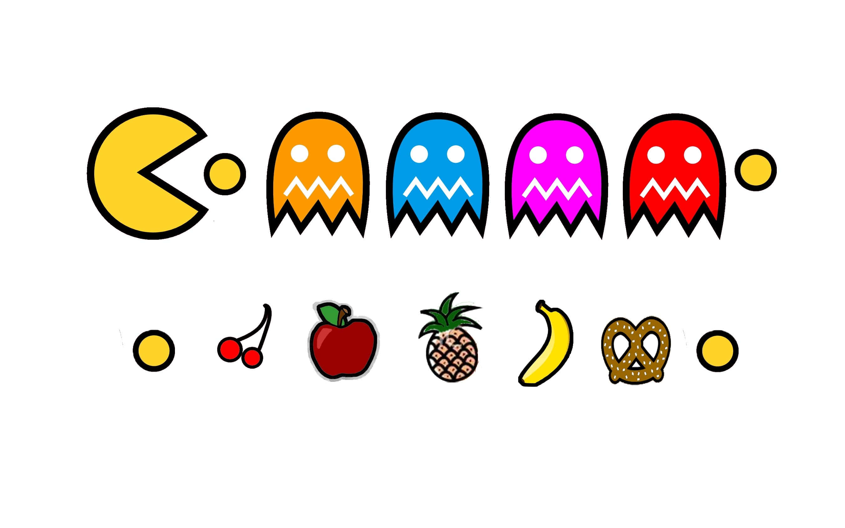 pac man 桌布 壁紙 — 經典 Pacman 與色彩繽紛的鬼魂，搭配水果強化道具，以俏皮的像素藝術風格呈現。