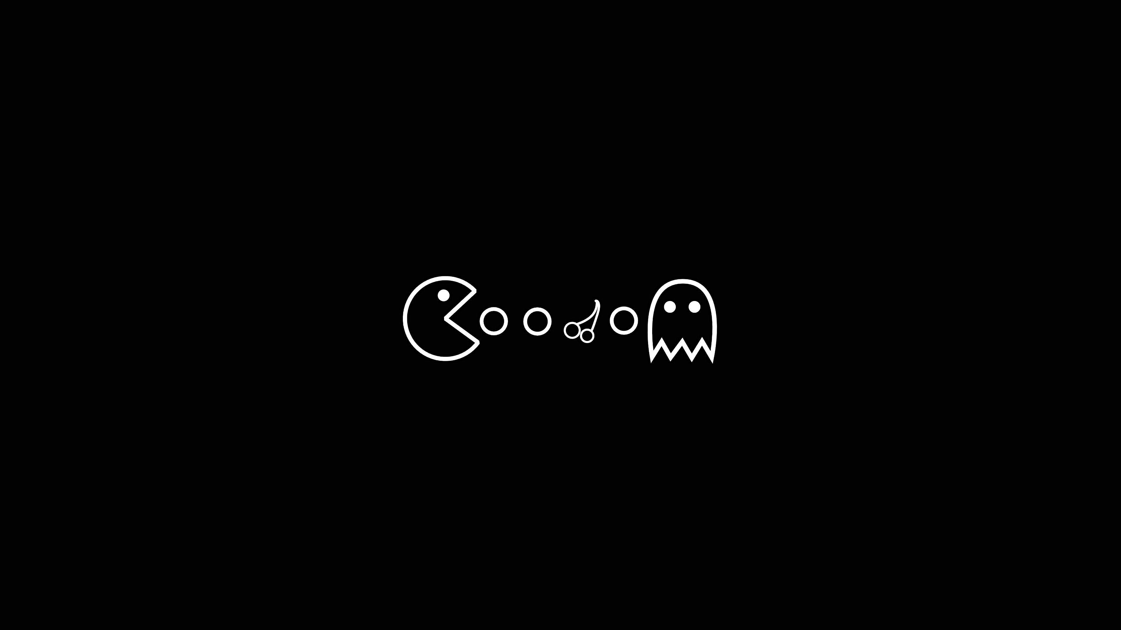 Pacman 桌布 壁紙 — 經典 Pacman 與鬼魂角色，以極簡白色線條藝術呈現於黑色背景上。