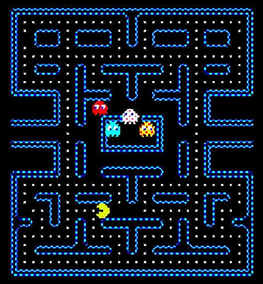 pac man 桌布 壁紙 — 經典 Pacman 遊戲場景，黃色 Pacman 和四個鬼魂在黑色背景上的藍色像素迷宮中。