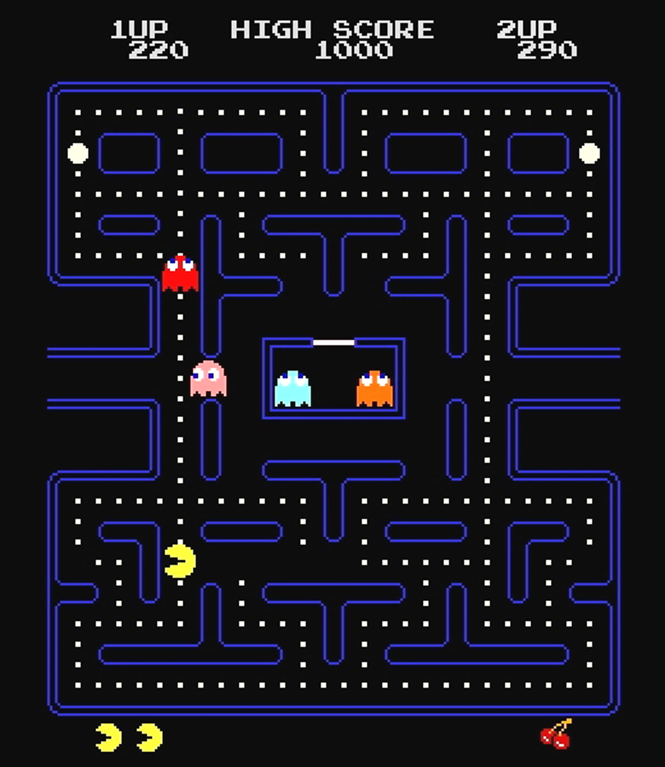 pac man 桌布 壁紙 — 經典 Pacman 遊戲畫面，藍色迷宮中有黃色食點鬼魂追捕者，背景為黑色。