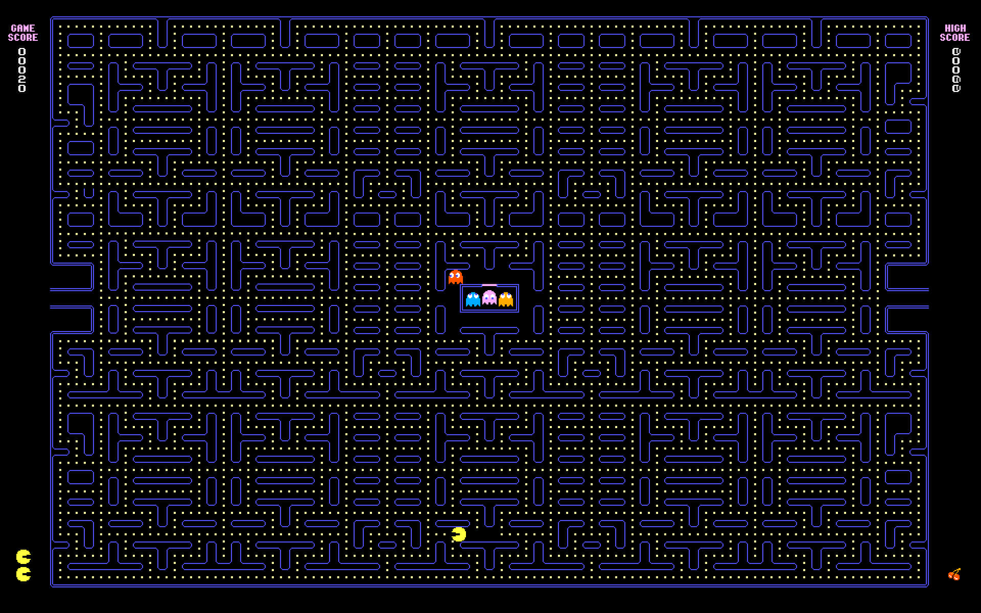 pac man 桌布 壁紙 — 經典 Pacman 遊戲畫面，黃色點迷宮、藍色牆壁和四個鬼魂，採用復古像素風格。