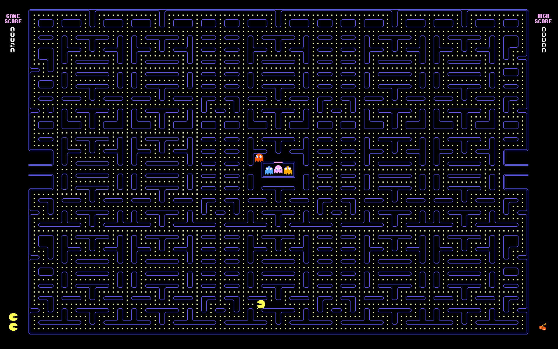 arcade 桌布 壁紙 — 經典 Pacman 遊戲畫面，黃色點點迷宮和四個鬼魂追逐玩家。