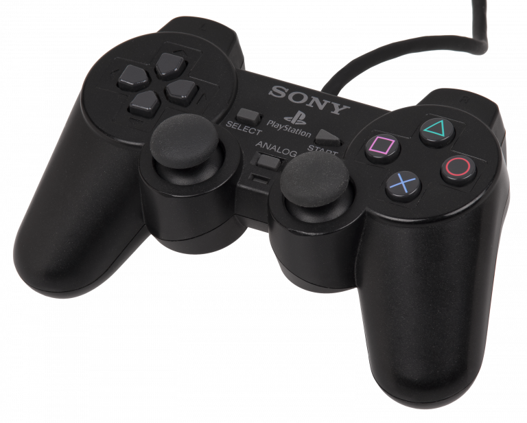 經典 PlayStation 控制器圖像 壁紙 — 一個黑色Sony PlayStation 2控制器，帶有彩色面部按鈕和模擬搖桿，背景透明。
