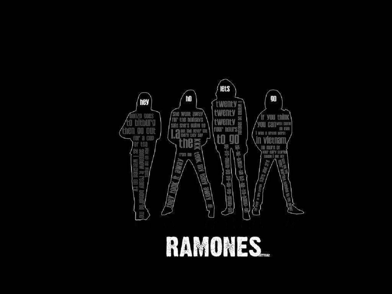 四個Ramones樂隊成員剪影，在黑色背景上充滿歌詞。