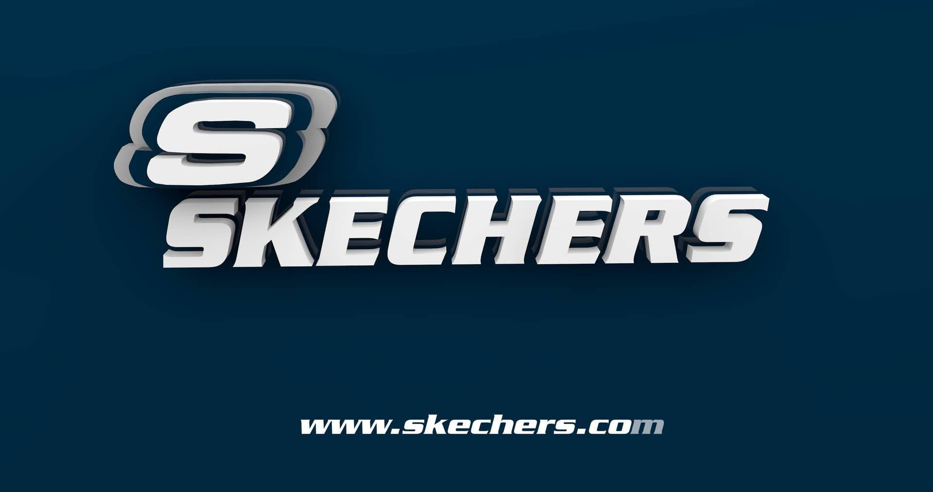 Skechers 品牌標誌及網站地址，背景為藍色。