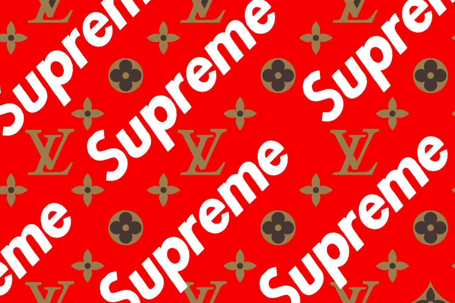 紅色背景，帶有對角線白色Supreme標誌和棕色LV字母組合圖案。
