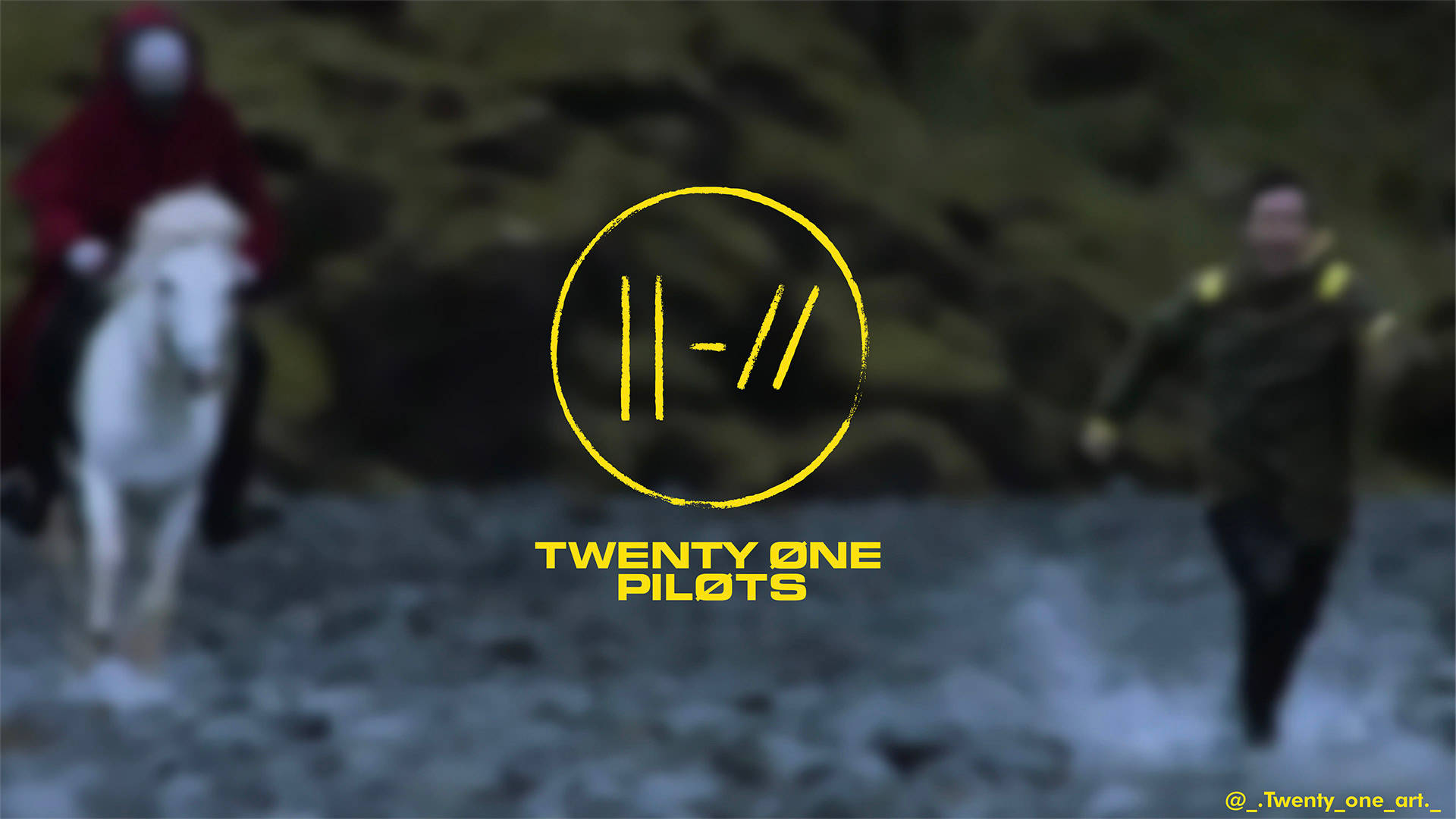 一個人騎著白馬和一個跑者在岩石溪流旁，帶有黃色的Twenty One Pilots標誌。