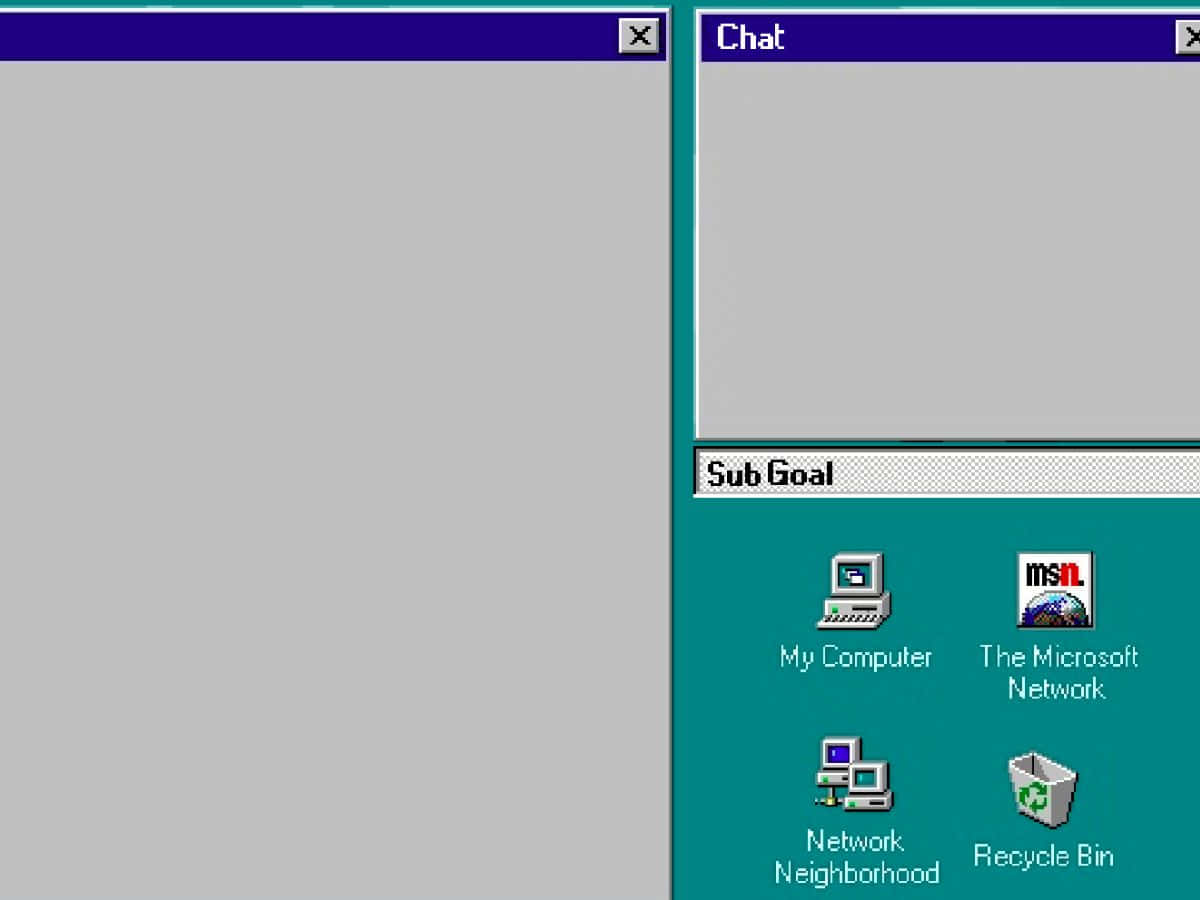 Wilbur Soot 桌布 壁紙 — 經典 Windows 95 桌面，帶有打開的聊天視窗和顯示我的電腦及資源回收筒圖示的青色工作列。