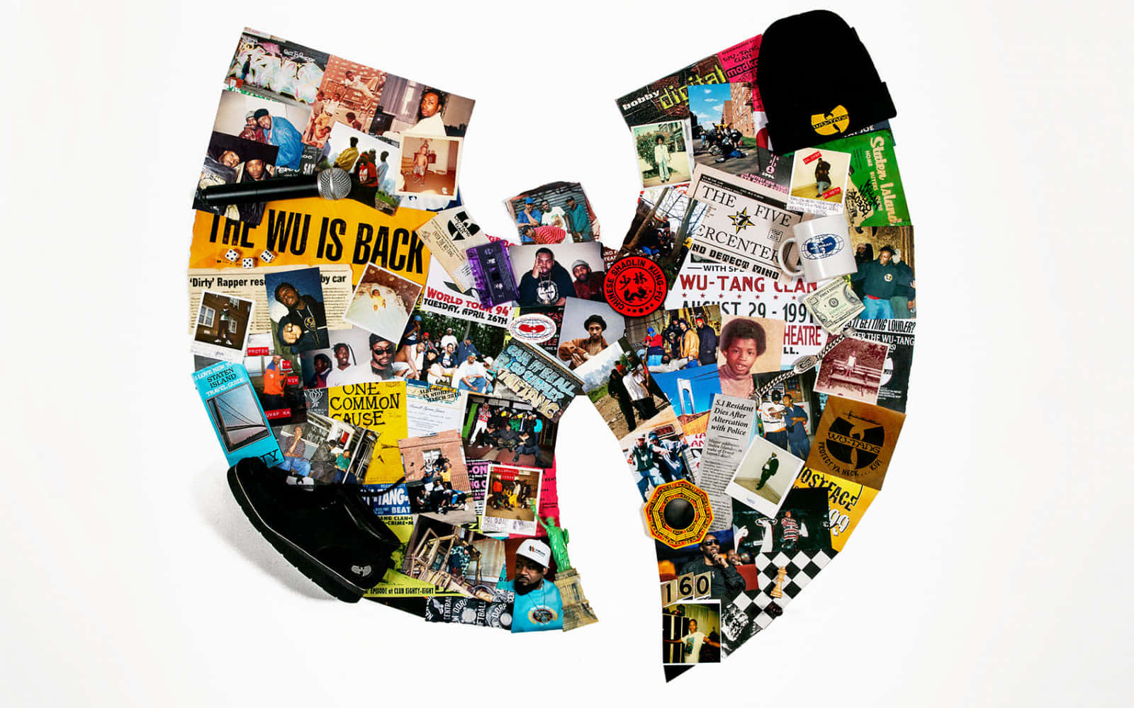 經典 Wu Tang Clan 標誌 壁紙 — 一個充滿活力的拼貼畫，由照片、海報和紀念品組成 Wu-Tang Clan 標誌，背景為白色。