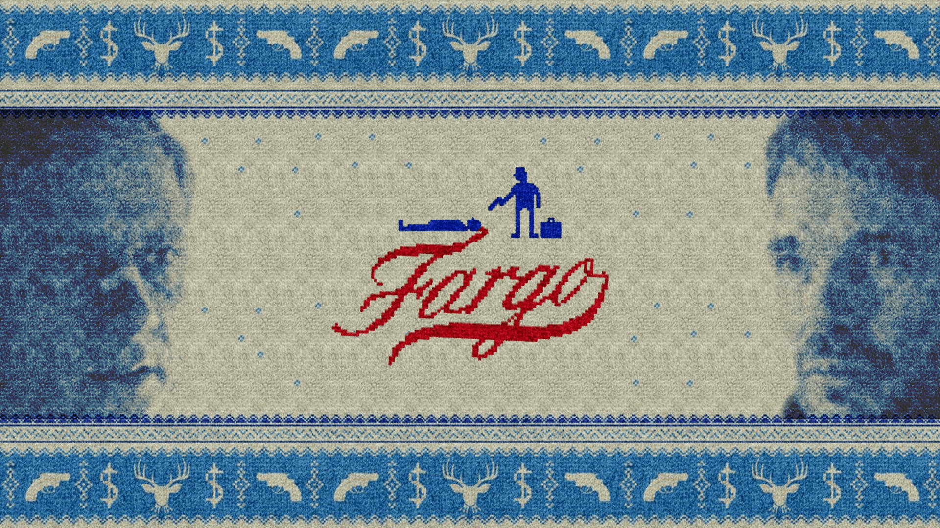 Fargo標誌在針織毛衣上，帶有臉孔和犯罪符號