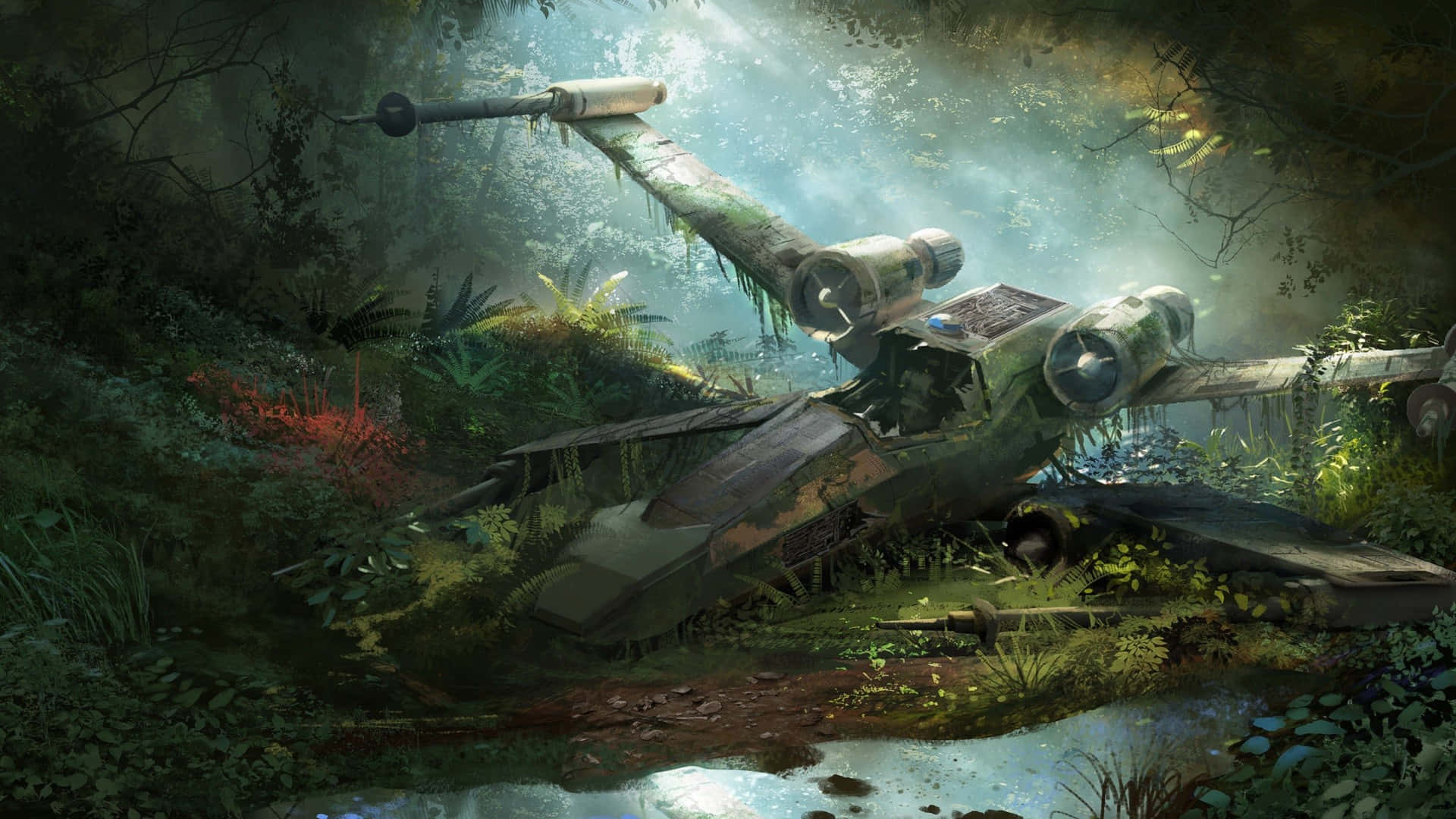 「經典《星際大戰》X-Wing戰鬥機，準備起飛」 壁紙 — 一艘飽經風霜的星際戰鬥機被遺棄在茂密的叢林中，長滿了苔蘚和蕨類植物，斑駁的陽光灑落其上。