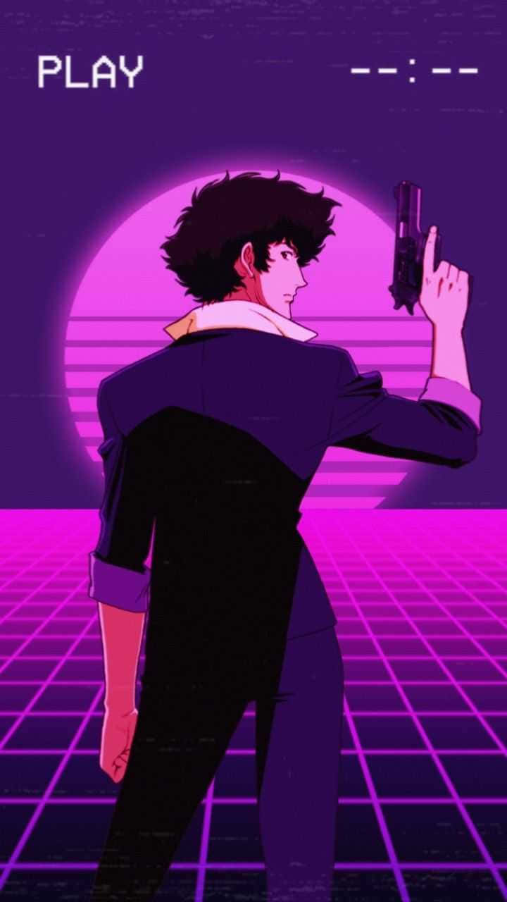 動漫男子穿西裝在日落霓虹網格中瞄準手槍