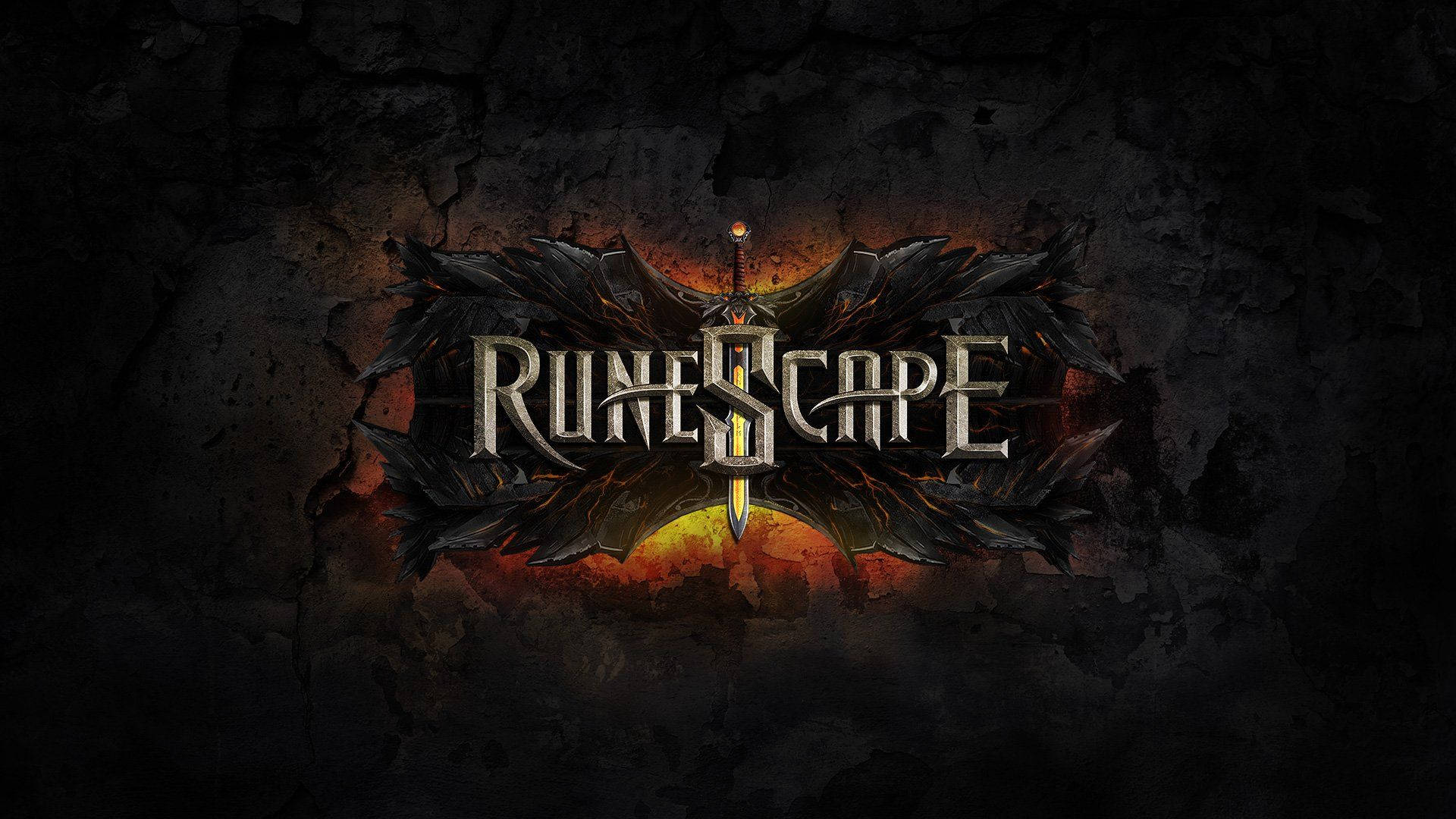 經典《老學校傳奇》標誌 壁紙 — RuneScape 標誌在裂開的深色石牆背景下發出火焰般的光芒。