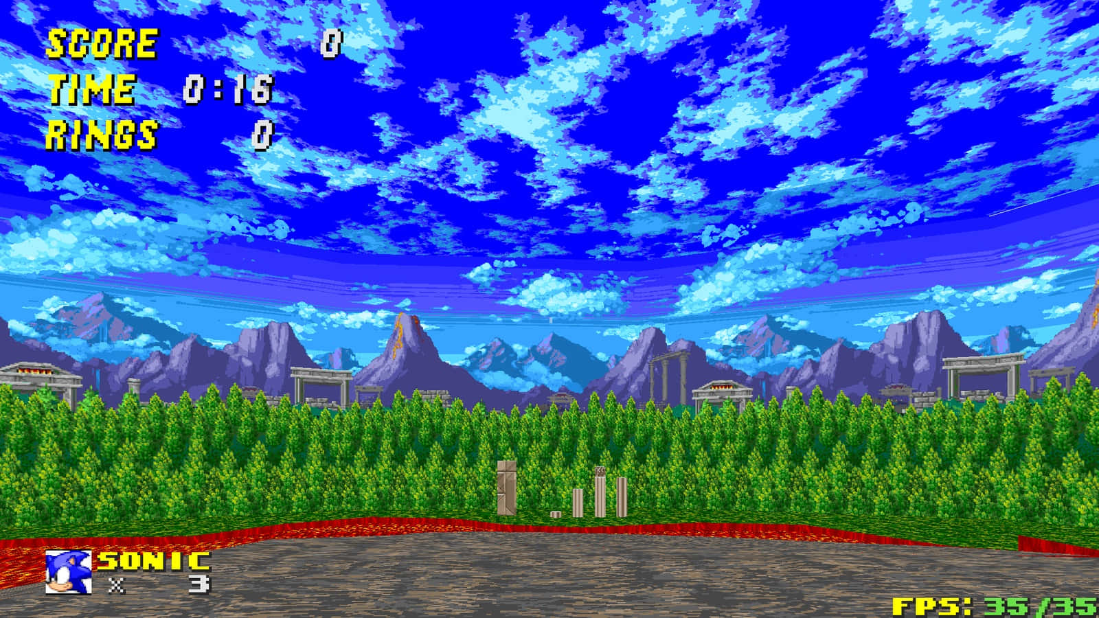 Sonic Marble Zone 桌布 壁紙 — 經典16位元Sonic遊戲場景，有藍天、山脈、綠色灌木和遊戲HUD元素。