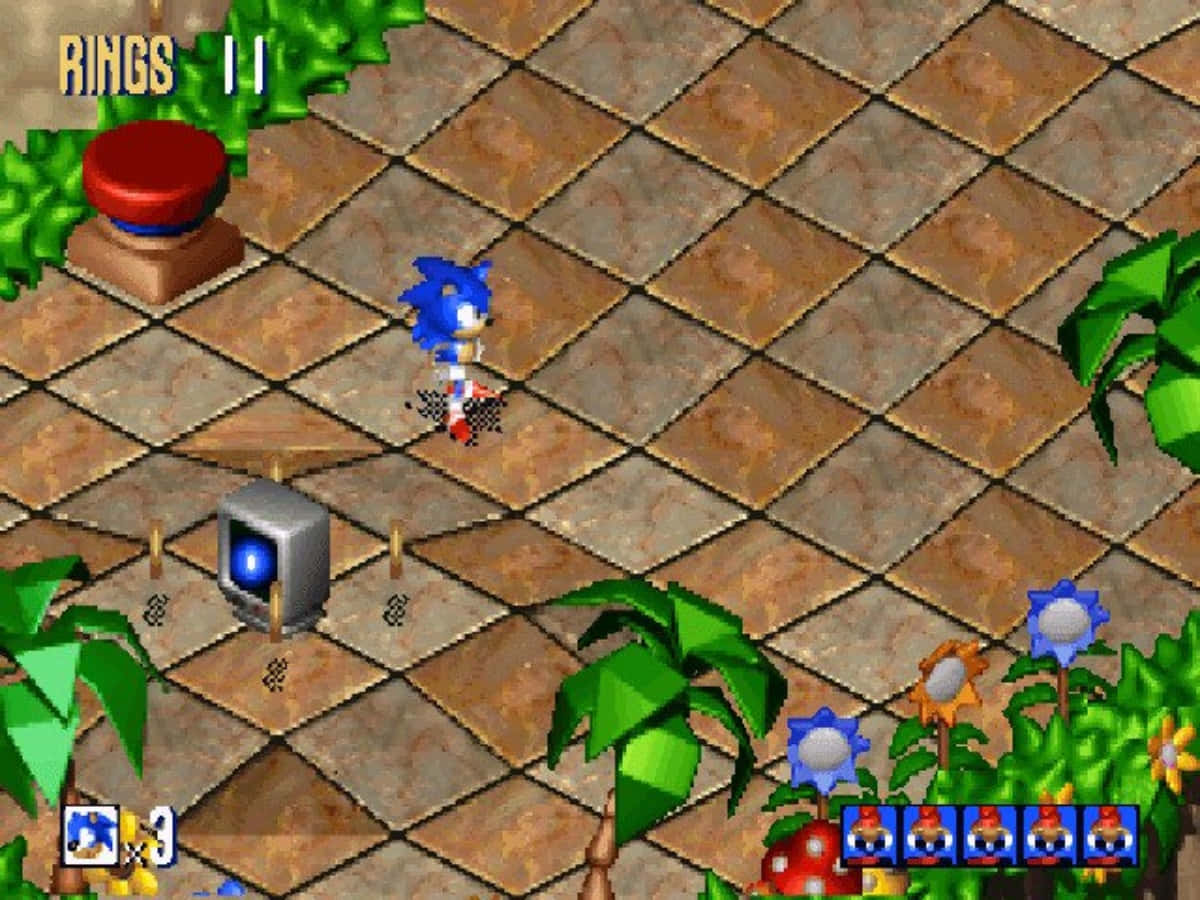 Sonic 3d Blast 桌布 壁紙 — 經典3D渲染嘅Sonic the Hedgehog喺瓷磚地面上奔跑，周圍有綠色植物同可收集嘅戒指。