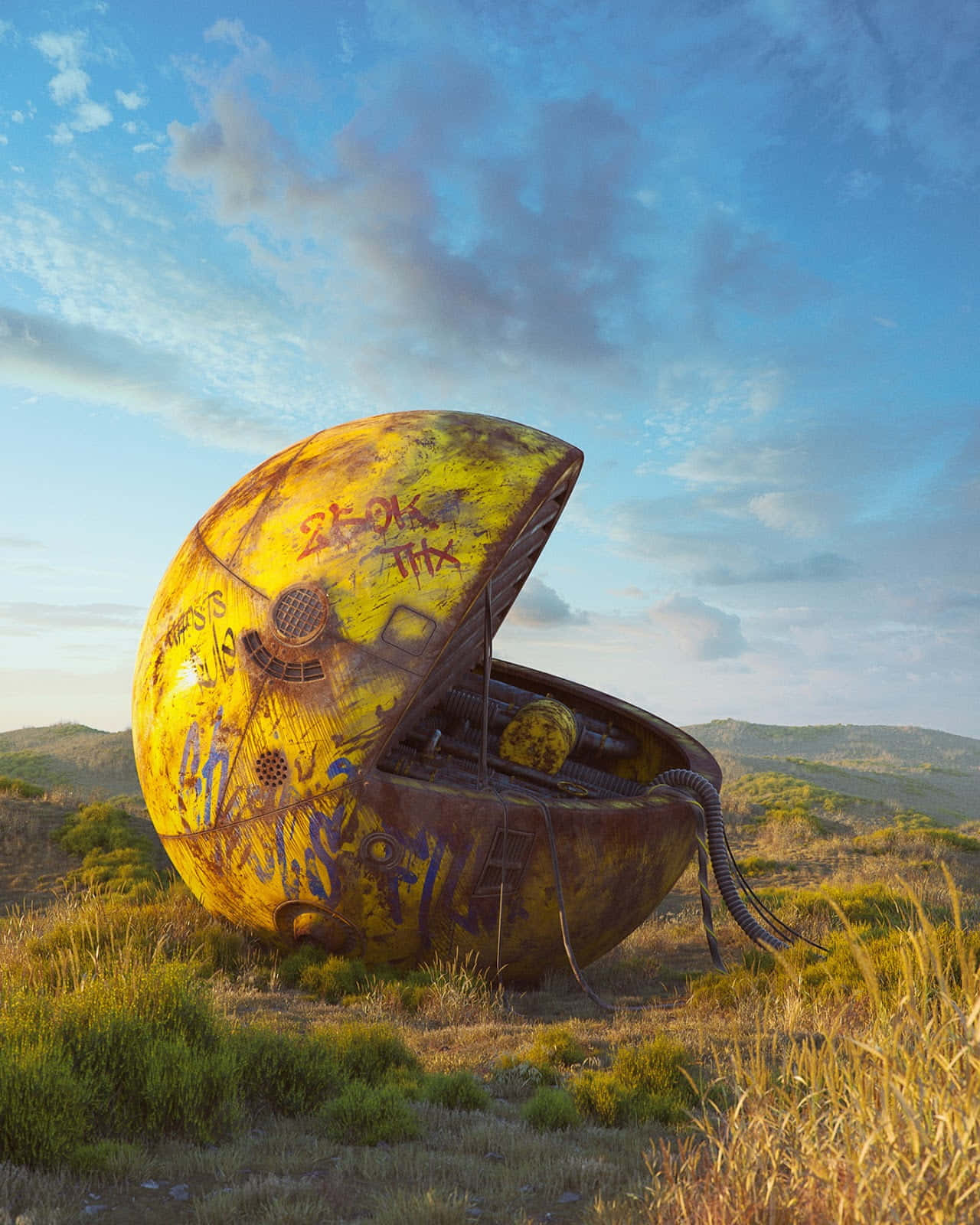日落時分，沙漠田野中帶有塗鴉的生鏽 Pac-Man 頭盔。
