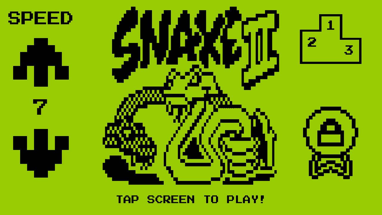 復古像素遊戲Snake II，帶有青檸綠色背景和黑色圖形。