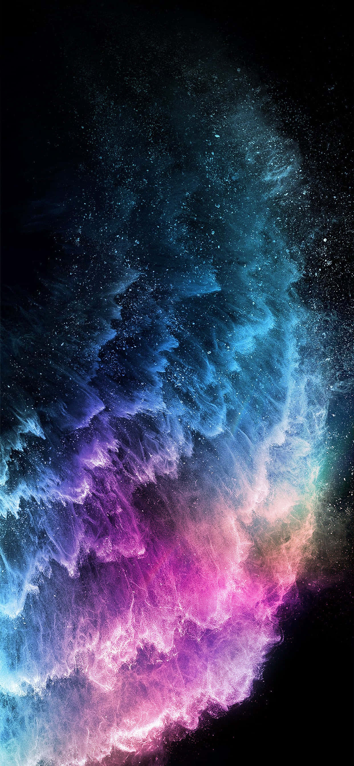 經典Apple iPhone XS Max 壁紙 — 充滿活力的宇宙星雲在繁星點點的黑色虛空中以電光藍、紫和粉紅色旋轉。