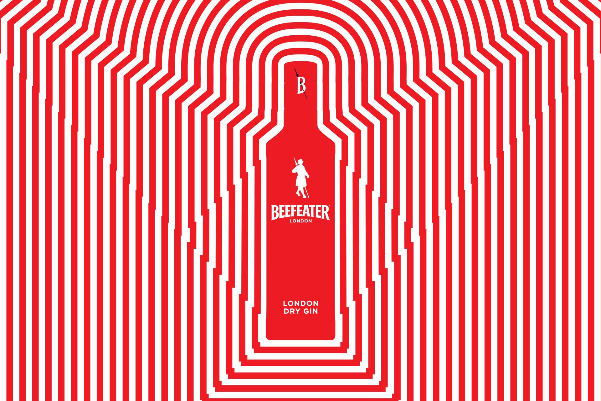 紅白幾何圖案，形狀像一個帶有 Beefeater 品牌的氈酒瓶。