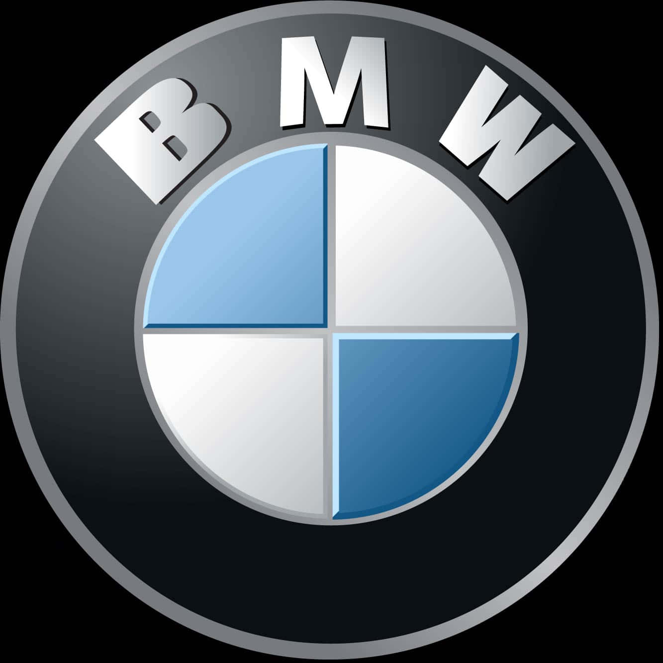 經典BMW標誌配藍色背景 壁紙 — 標誌性的BMW標誌，在黑色圓形背景上帶有藍色和白色象限，並配有銀色飾邊。