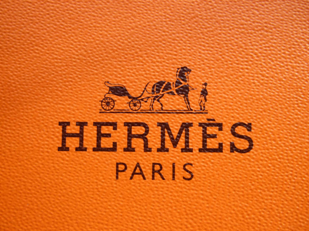Hermès Paris 標誌在紋理橙色皮革上，帶有黑色馬車圖案。