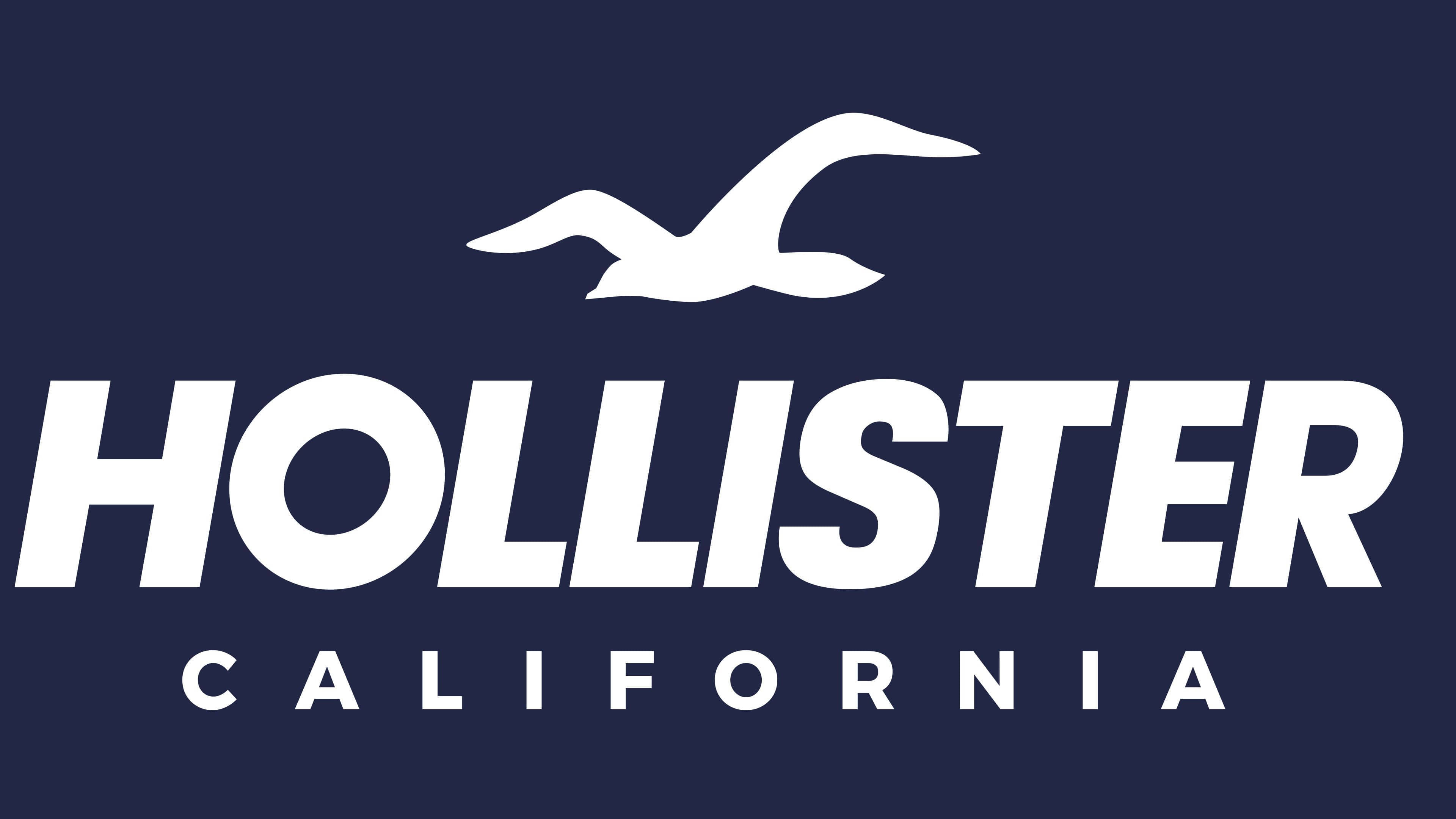 經典Hollister海鷗標誌 壁紙 — 深藍色背景上的白色 Hollister California 標誌及海鷗剪影。