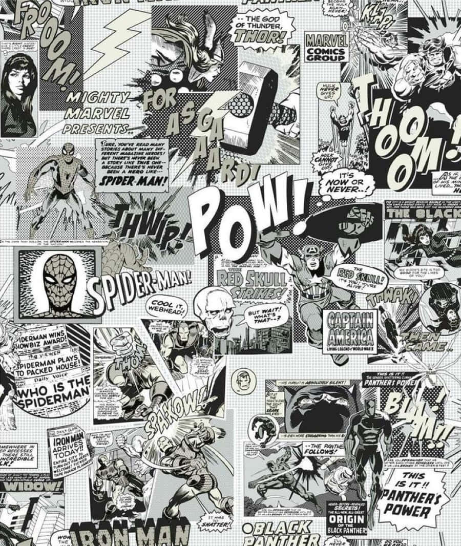 Black And White Comic 桌布 壁紙 — 經典Marvel漫畫面板的動態黑白拼貼， featuring 蜘蛛俠、雷神和美國隊長等超級英雄，配有醒目的音效和對話氣泡。
