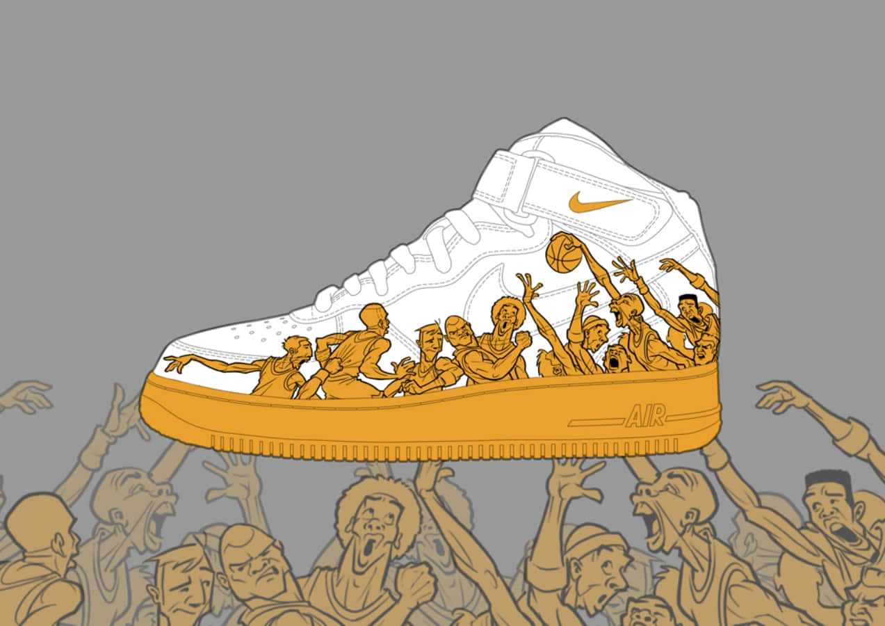 白色Nike Air運動鞋，橙色鞋底，爆出卡通籃球運動員和歡呼的人群。