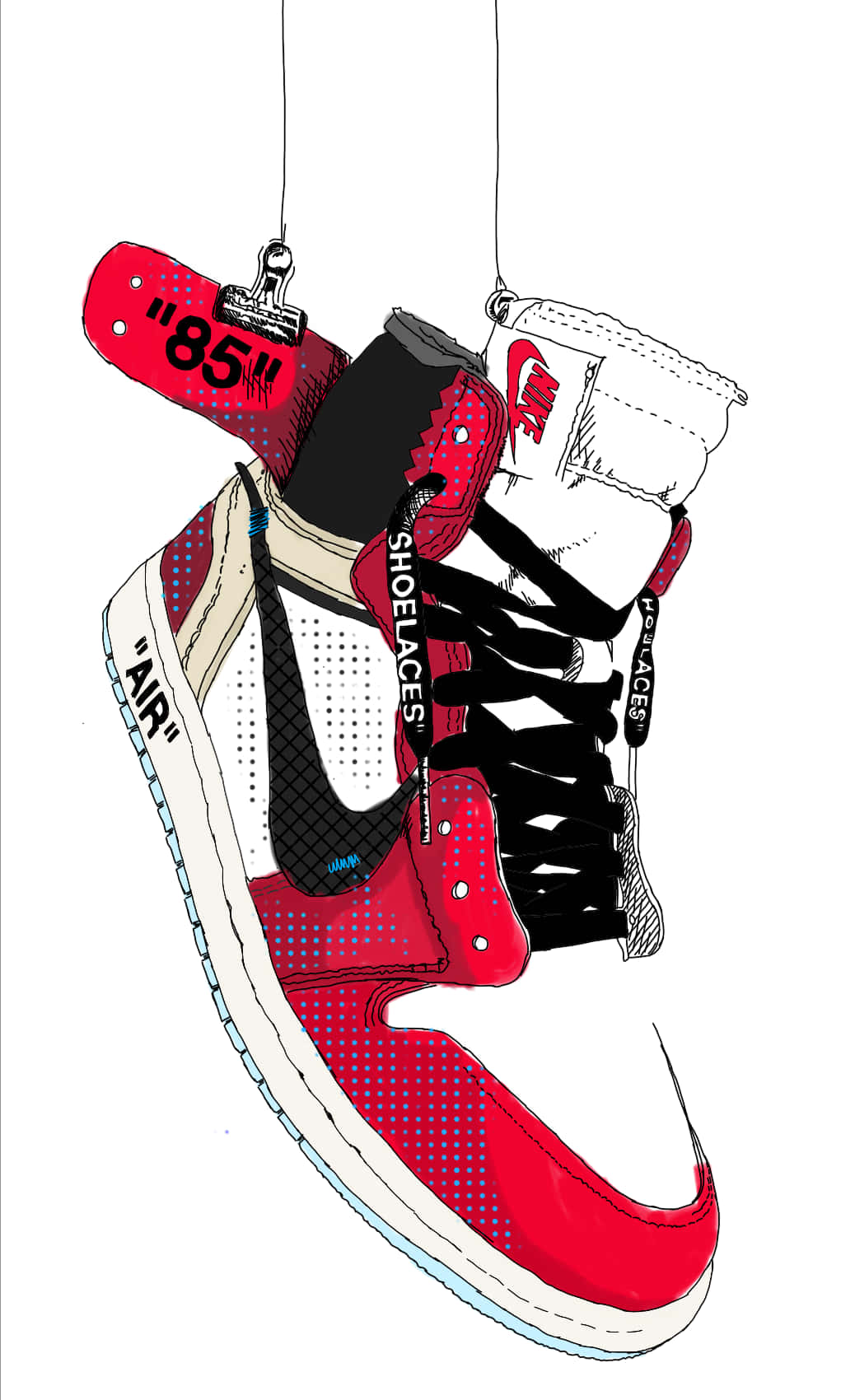 經典Nike Air Jordan — 時尚打破界限 壁紙 — 一隻風格化的紅白運動鞋用夾子懸掛，帶有粗體文字細節和點狀紋理。