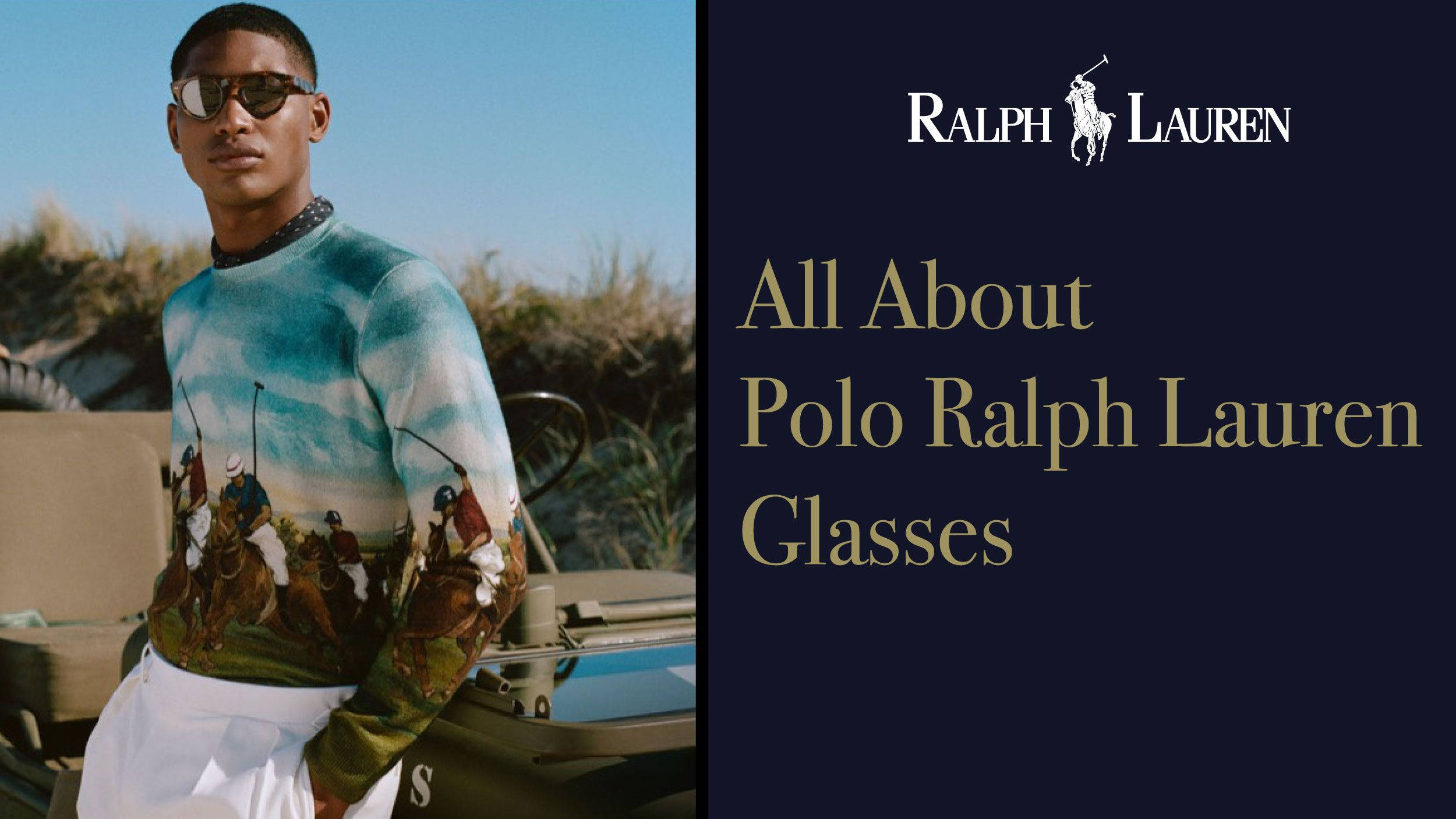 經典Polo Ralph Lauren標誌 壁紙 — 一名身穿馬球主題毛衣和太陽眼鏡的男子，在晴朗的藍天下，在一輛復古汽車旁擺姿勢。