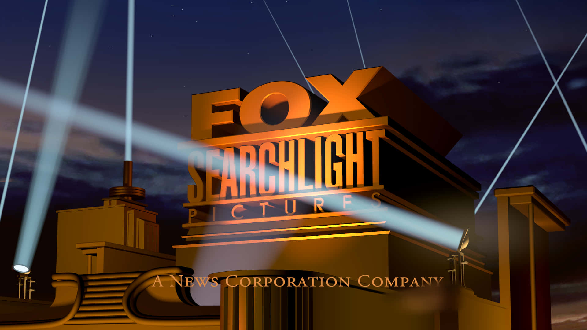 Fox Searchlight Pictures標誌在夜間與探照燈和星星一同發光。