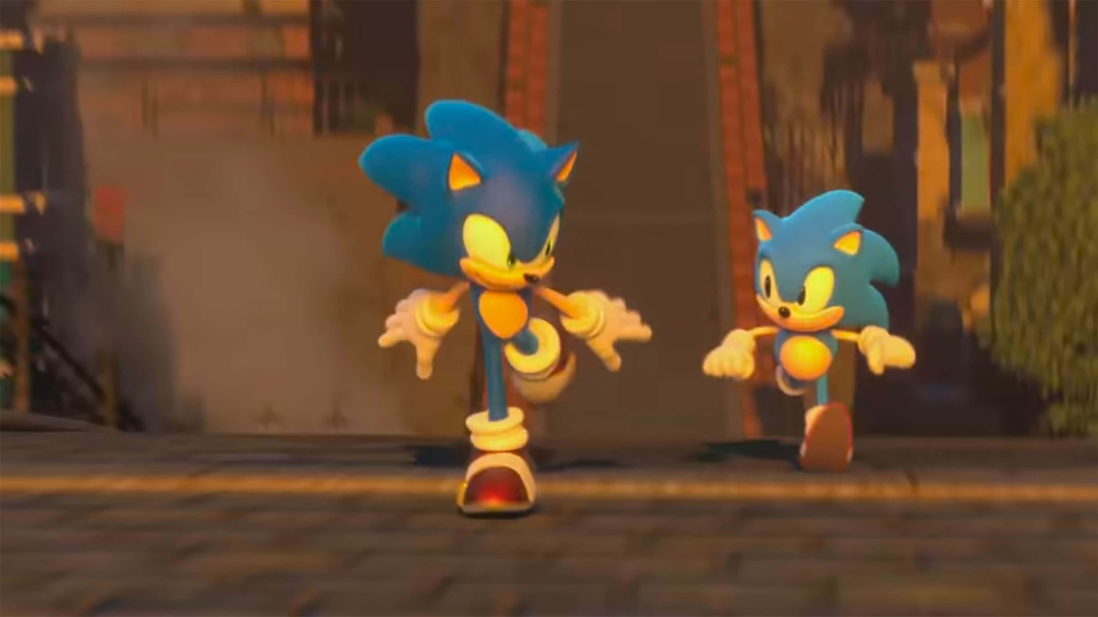 經典Sonic the Hedgehog展現動感 壁紙 — 兩隻藍色刺蝟並肩跑過一條鋪滿鵝卵石的街道，沐浴在溫暖的金色光芒中。