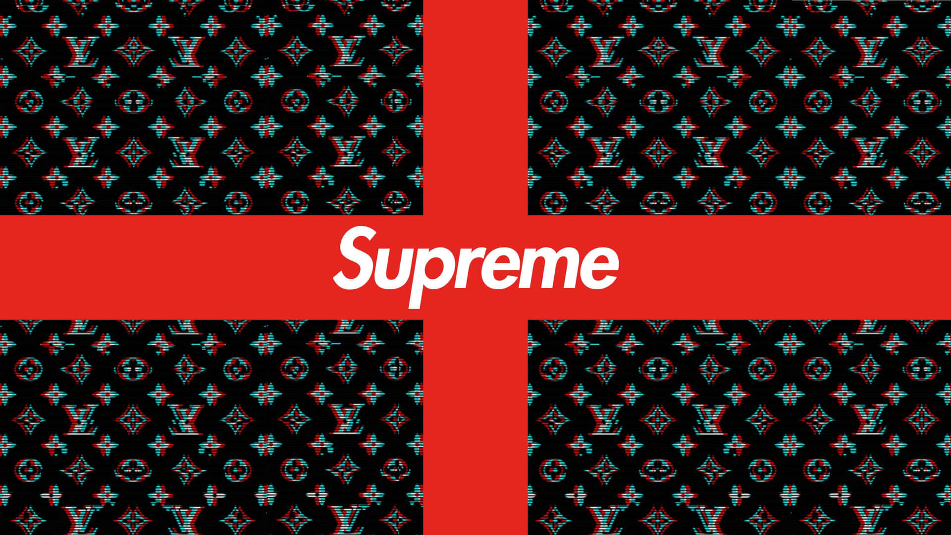 帶有Supreme標誌的紅色十字架，位於故障LV字母組合圖案背景上。
