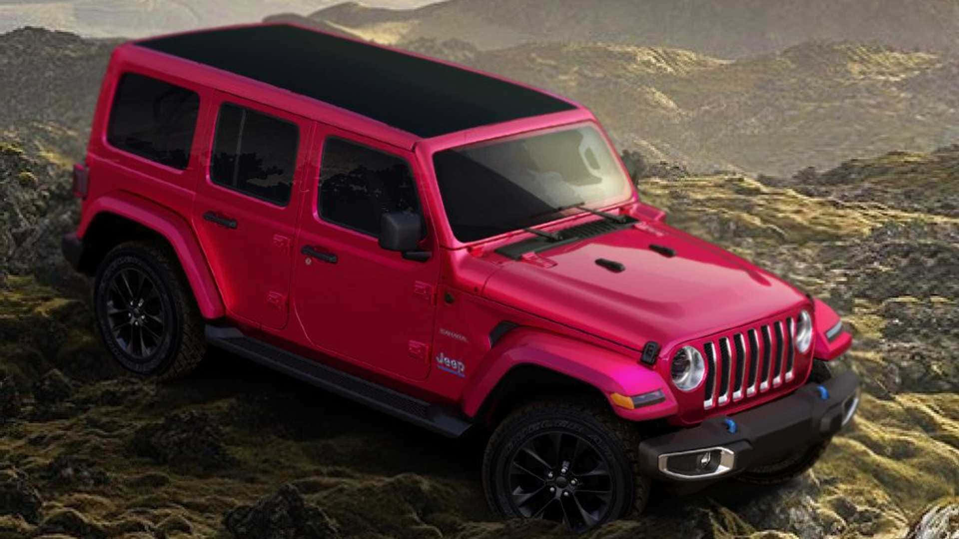 粉紅色Jeep Wrangler停在岩石地形上，背景有山脈。