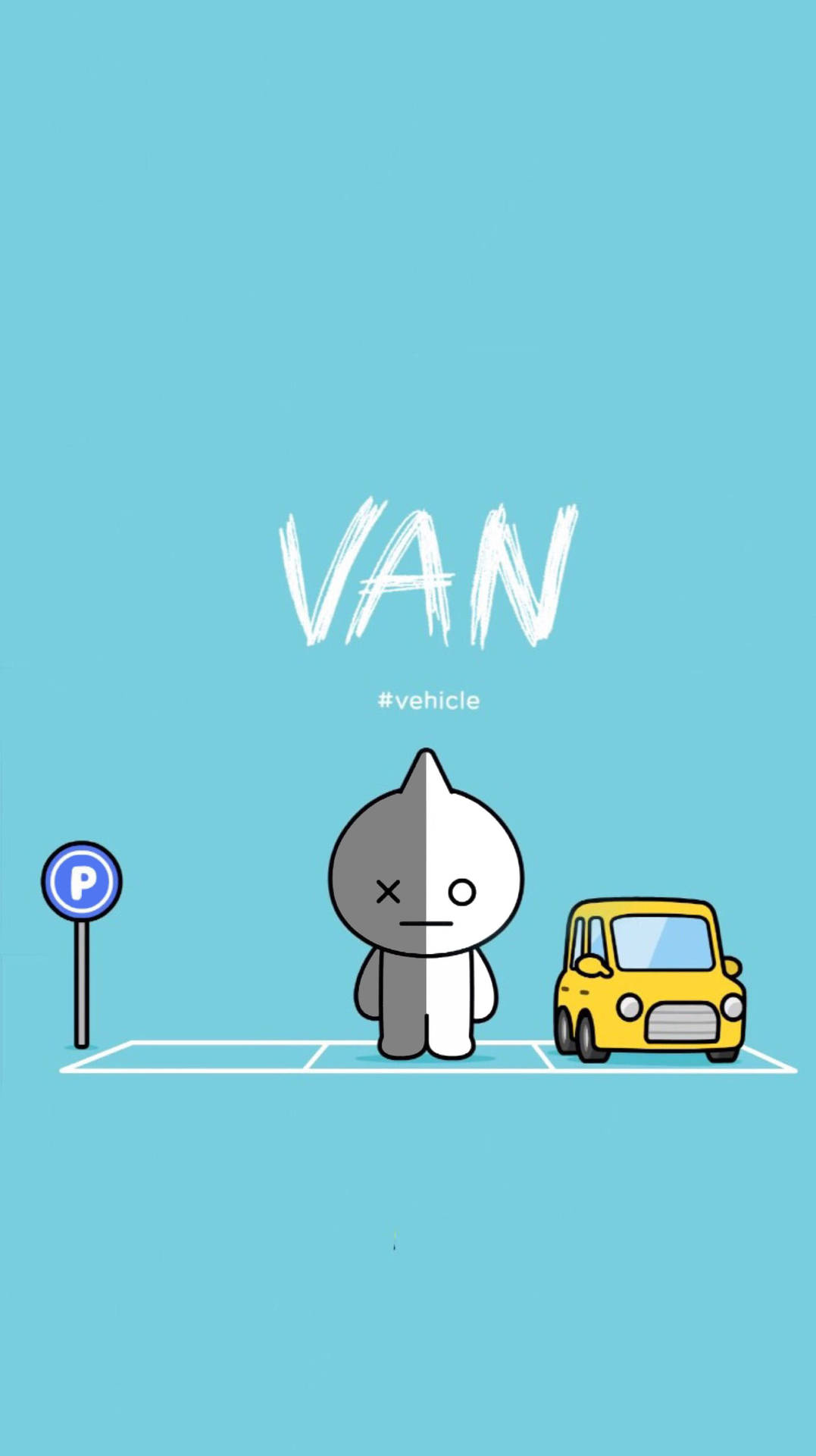 分裂面孔的卡通人物在黃色客貨車旁邊的停車位。