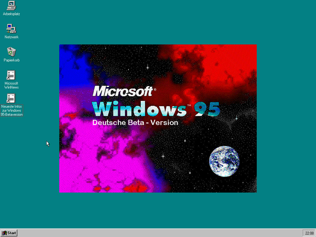 「經典Windows 95桌面」 壁紙 — 適用於 Windows 95 Beta 德文版的鮮豔宇宙壁紙，包含地球、星星以及紅色、藍色和洋紅色的迷幻星雲。