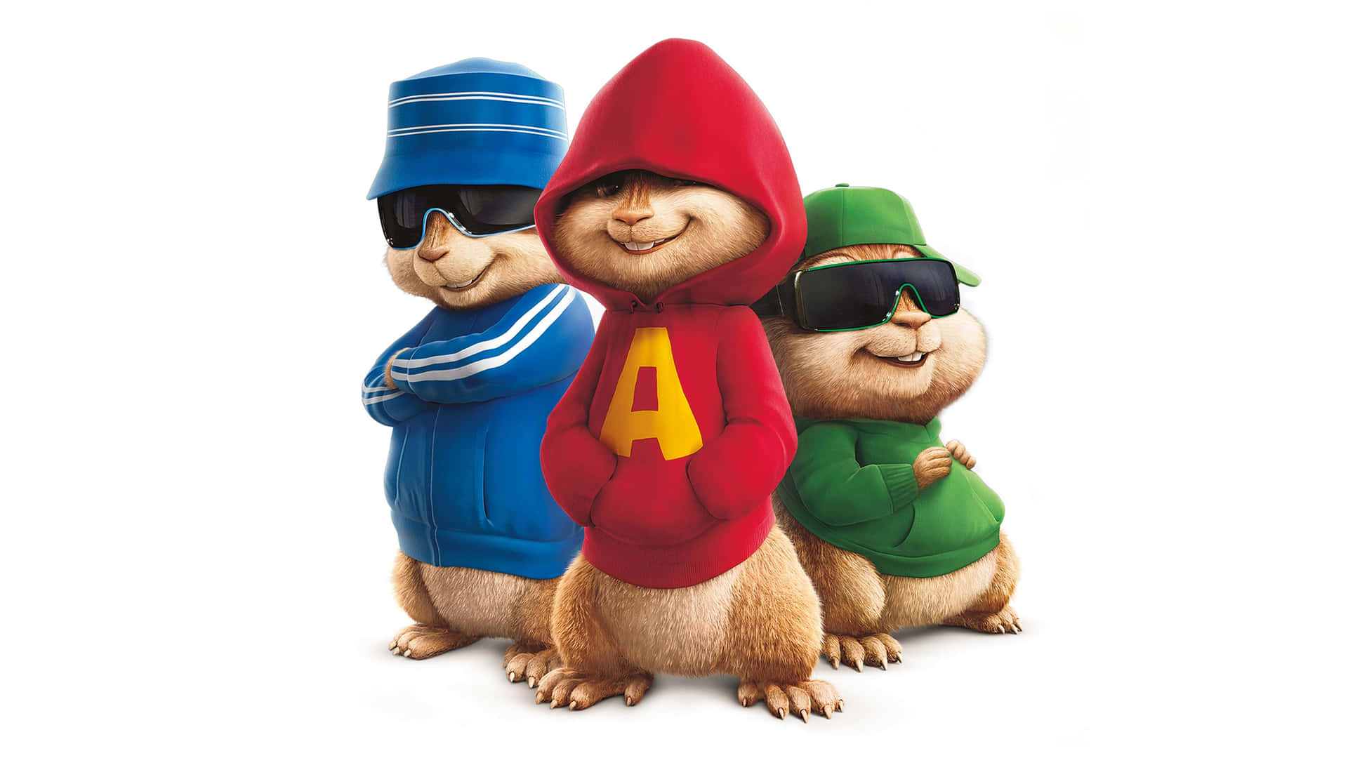 三隻花栗鼠穿著連帽衫和太陽眼鏡一起擺姿勢。 — 阿爾文與_chipmunks 壁紙