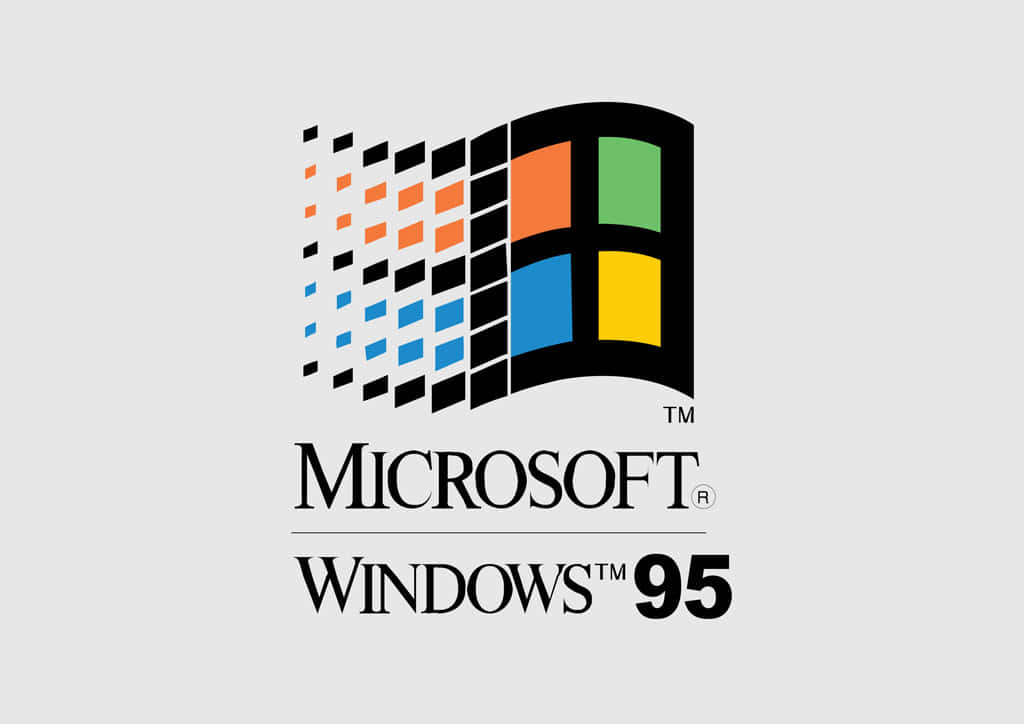「經典且傳奇的 Windows 95 操作系統，盡顯其輝煌」 壁紙 — 經典的 Microsoft Windows 95 標誌，採用色彩繽紛的四格視窗和像素波浪設計，置於淺灰色背景上。