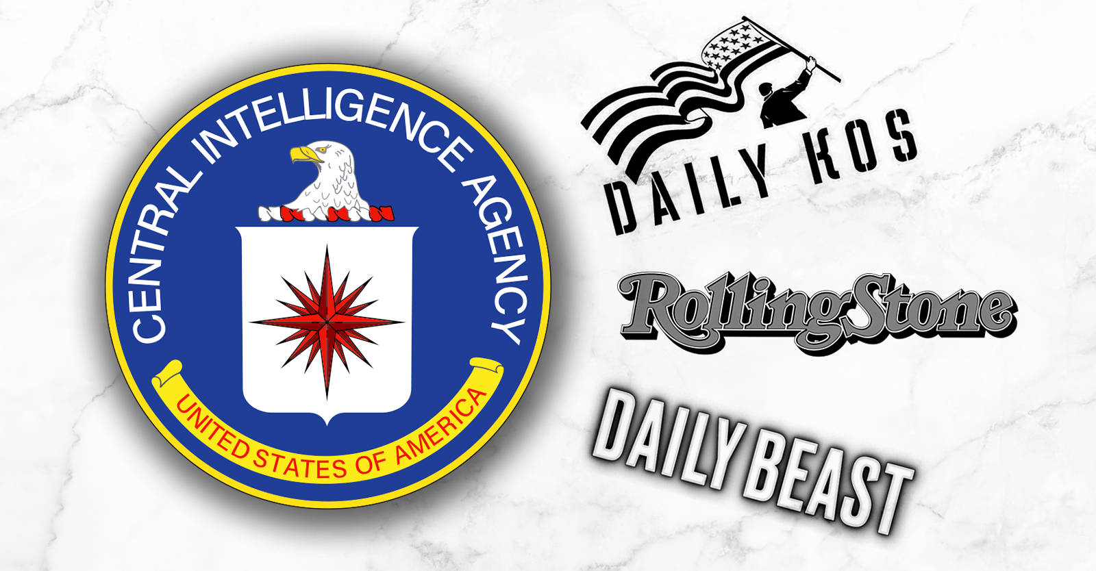 經典中情局標誌配復古背景 壁紙 — CIA 印章和媒體標誌顯示在白色大理石背景上。