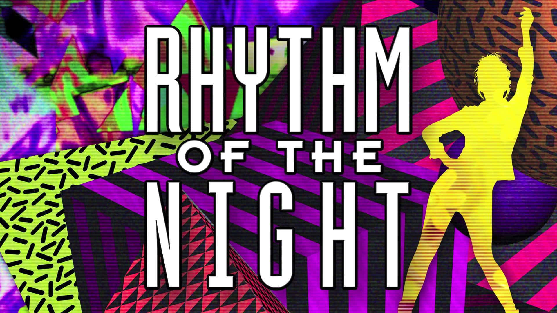 跳舞剪影在色彩繽紛的幾何背景上，帶有文字 rhythm of the night。