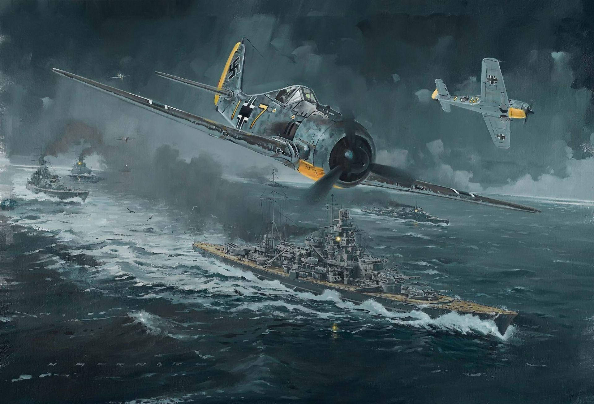 經典二戰德國戰鬥機飛越海軍艦艇 壁紙 — 德國戰鬥機在波濤洶湧的海面上翱翔，戰艦在烏雲和巨浪中交戰。