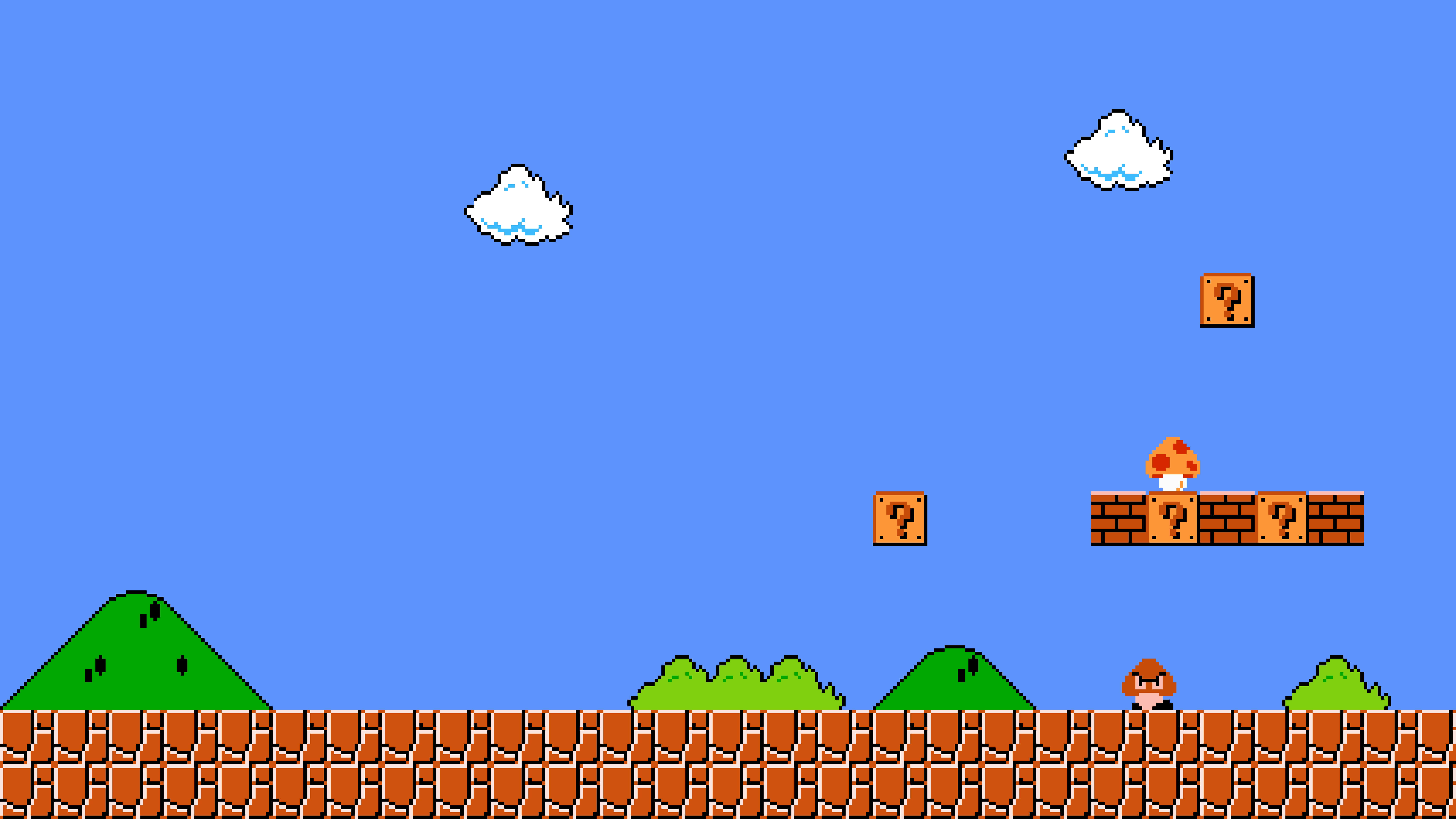 Kids Game 桌布 壁紙 — 經典像素化瑪利歐遊戲場景，有綠色山丘、棕色磚塊和漂浮的問號方塊，背景是藍天。