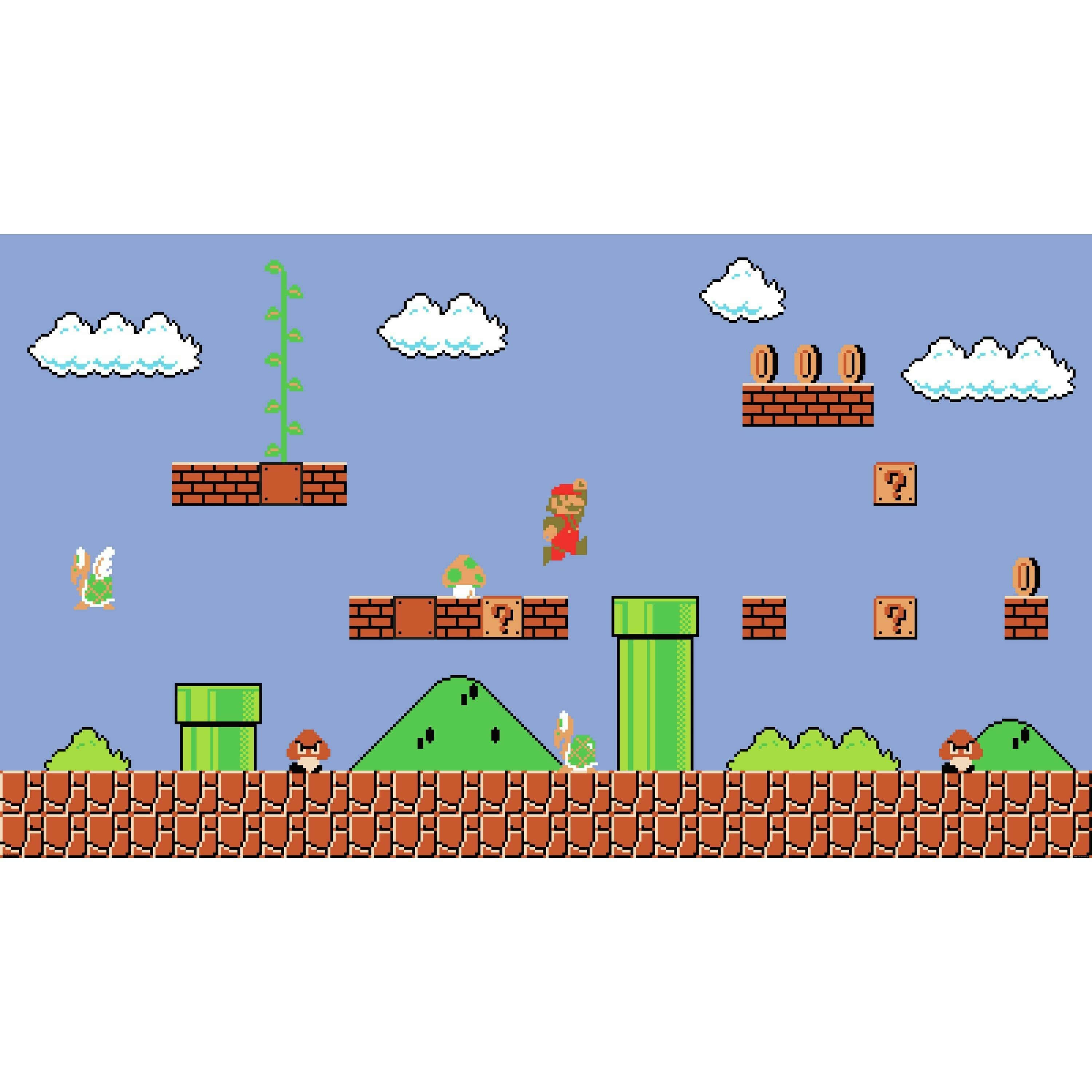 Mushroom Kingdom 桌布 壁紙 — 經典像素化馬里奧在藍天白雲和綠色管道下跳過磚塊平台。