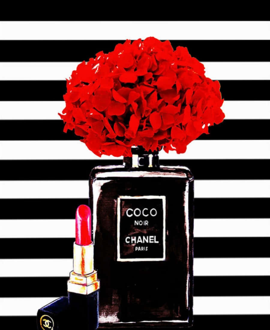 經典優雅：香奈兒系列 壁紙 — 一朵大膽的紅色繡球花在黑色 Chanel Coco Noir 香水瓶上盛開，旁邊放著一支紅色唇膏，背景是鮮明的黑白條紋。