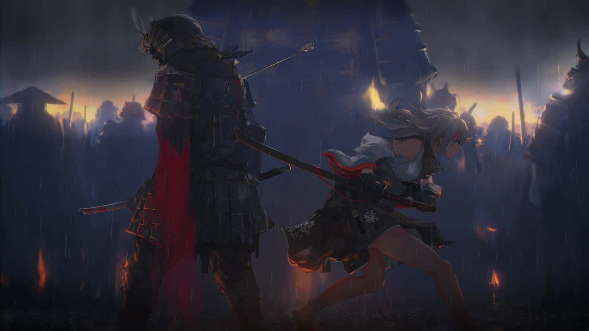 武士戰士與女戰士在雨夜戰鬥中火光交錯。