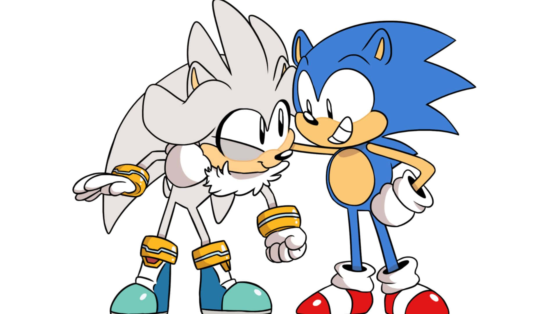 Sonic And Silver 桌布 壁紙 — 經典動漫風格的藍色和銀色刺蝟在純白色背景上友好地碰臉頰。