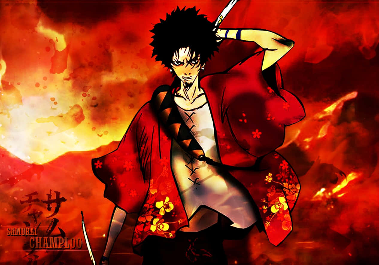 經典動畫《Samurai Champloo》——全新重製版 壁紙 — 一個火熱的動漫武士，有著尖刺的黑髮和紅色和服，挑釁地站在熾熱的橙色和紅色天空前。